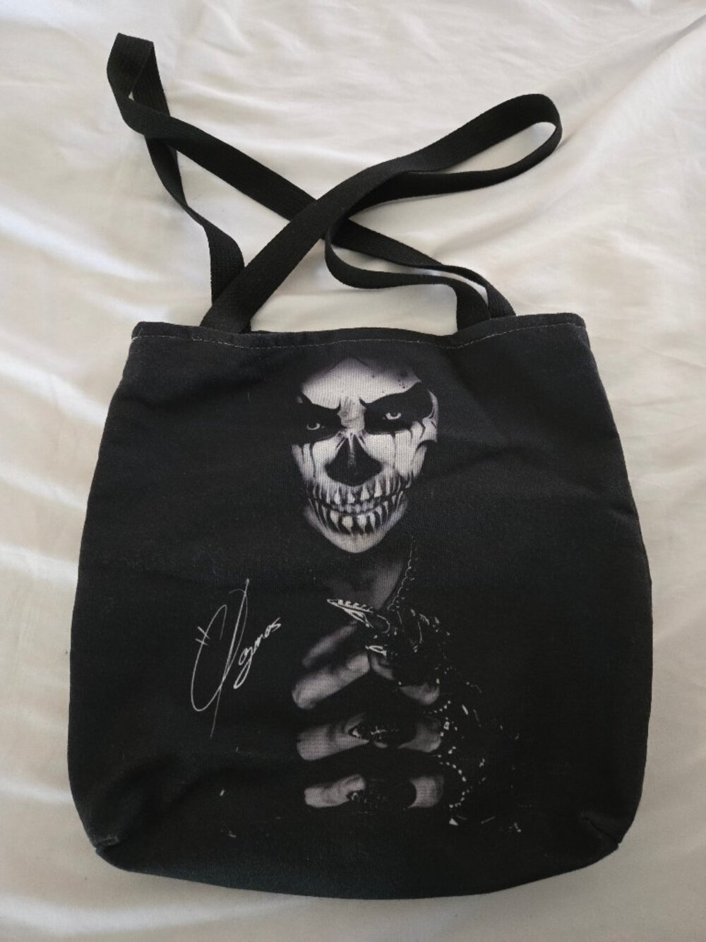 Skull /Face with Crossed Hands Black Double Handed Tote 13'' x 13''